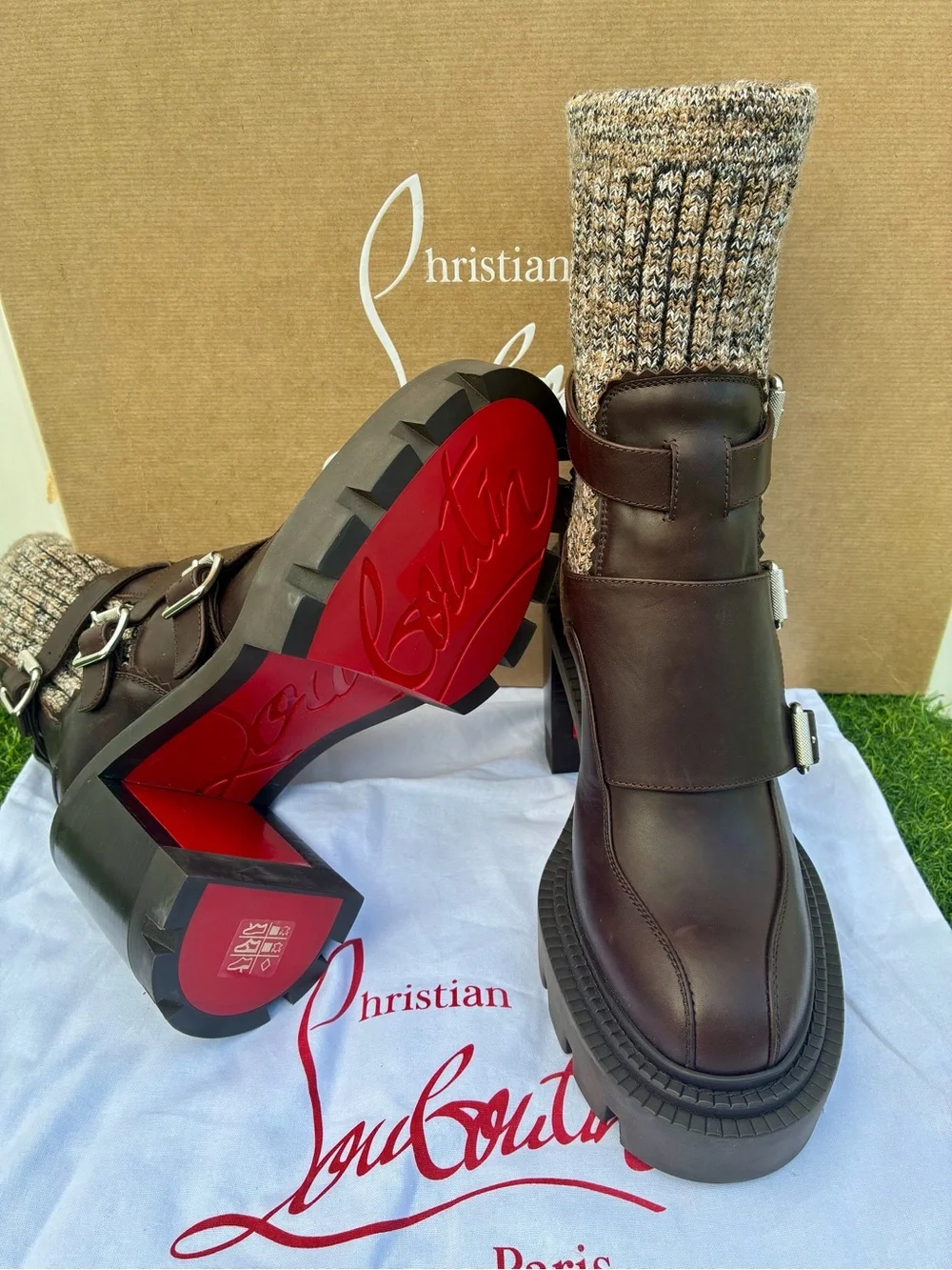 CHRISTIAN LOUBOUTIN CORTINETTA COLLEGE BROWN LEATHER ANKLE BLOCK HEEL BOOT 38.5